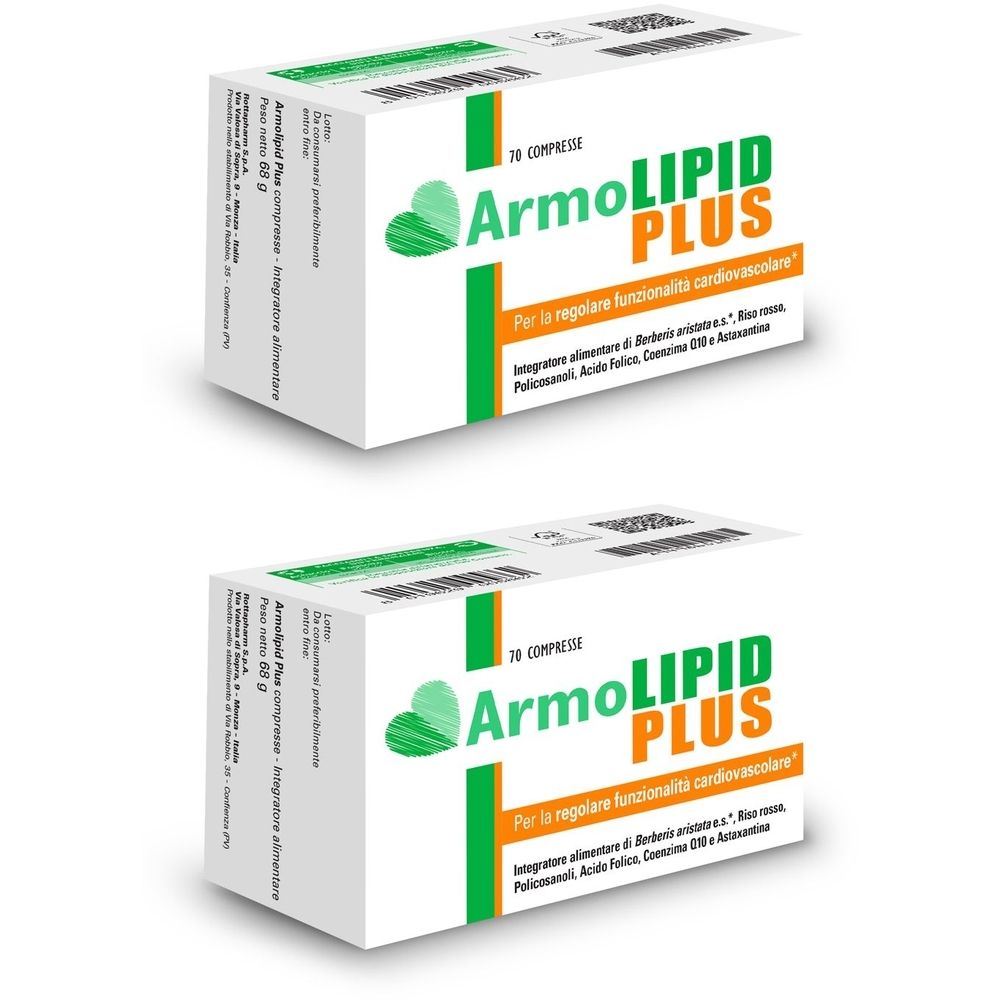 Due confezioni ArmoLIPID PLUS. Confezione bianca con logo e testo verdi. Contiene 70 compresse.
