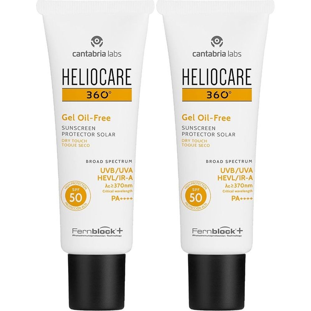 Due tubi di Heliocare 360° Gel Oil-Free. Tubi bianchi con tappi neri. Scritta: SPF 50, UVB/UVA, HEVL/IR-A.
