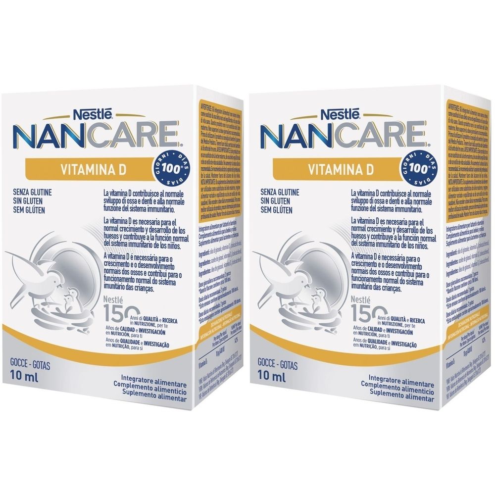 Due confezioni di Nancare Vitamina D Gocce. Scritta: Nestle, Nancare, Vitamina D, senza glutine. Flaconi da 10 ml.