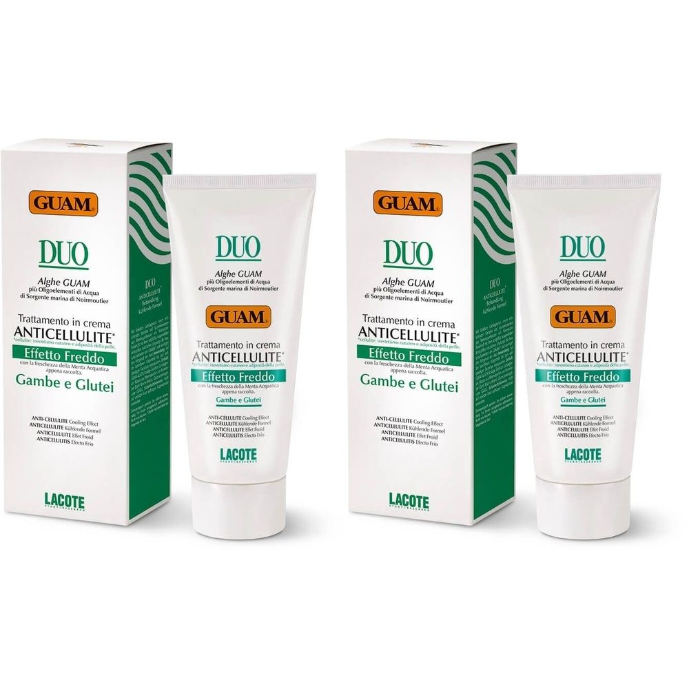 Due tubi e due scatole. Sui tubi e sulle scatole, GUAM DUO. Testo: Anticellulite, Effetto Freddo, Gambe e Glutei.