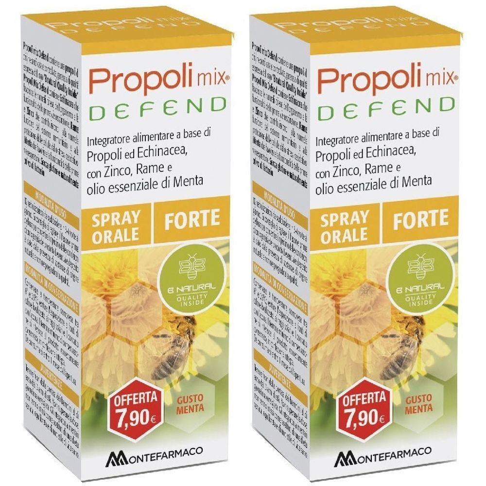 Due confezioni di Propoli mix Defend Spray Orale Forte. Scritte: Integratore alimentare, Spray Orale, Forte, 7,90€, Gusto Menta.