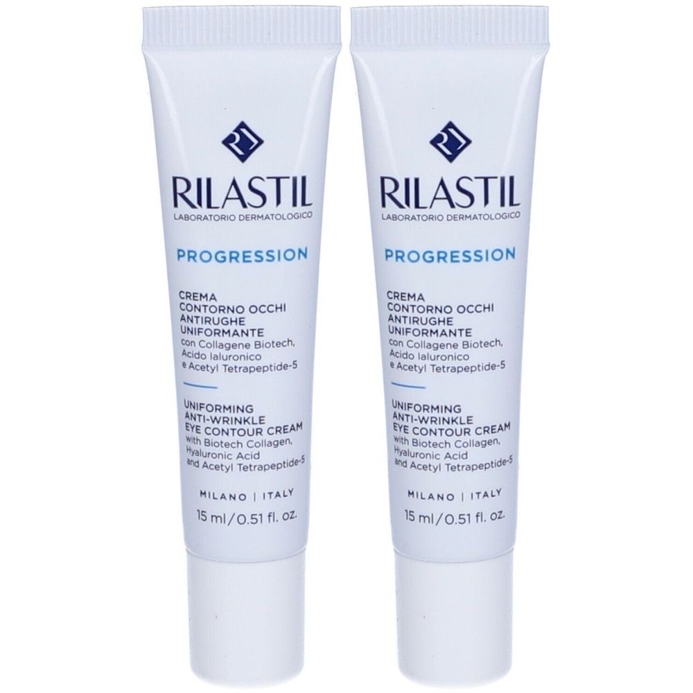 Due tubi di crema contorno occhi Rilastil Progression. Tubi bianchi con scritte blu. Contiene collagene, acido ialuronico e acetil tetrapeptide.