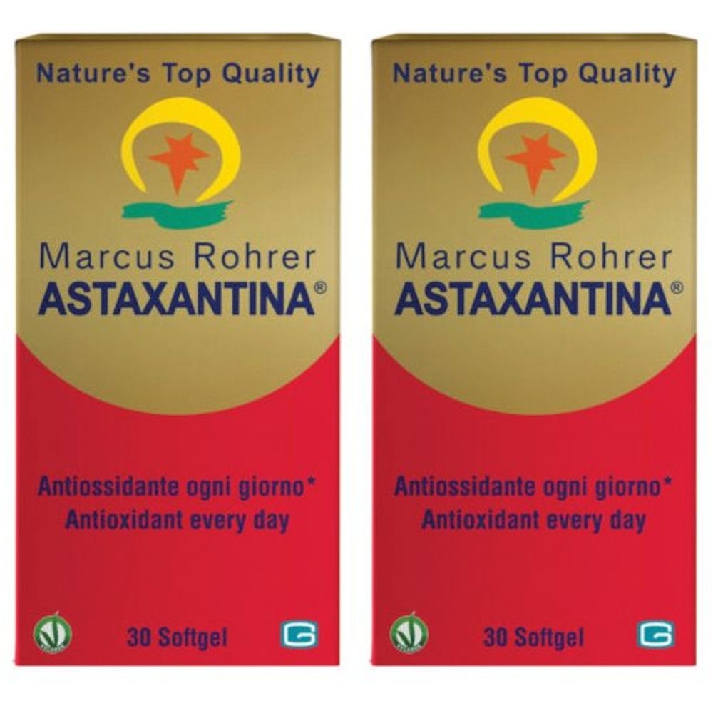 Due confezioni di Marcus Rohrer Astaxantina. Confezione dorata con riquadro rosso. Testo: Astaxantina, 30 Softgel.