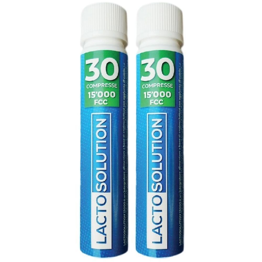 Due contenitori cilindrici. Scritta: 30 compresse, 15'000 FCC, Lactosolution. Tappi bianchi, etichette blu.