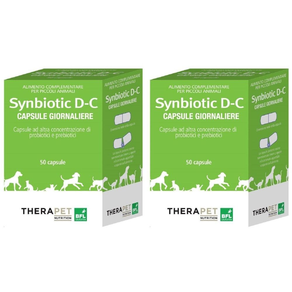 Due scatole verdi con la scritta Synbiotic D-C, 50 capsule. Testo in italiano. Marchio Therapet.