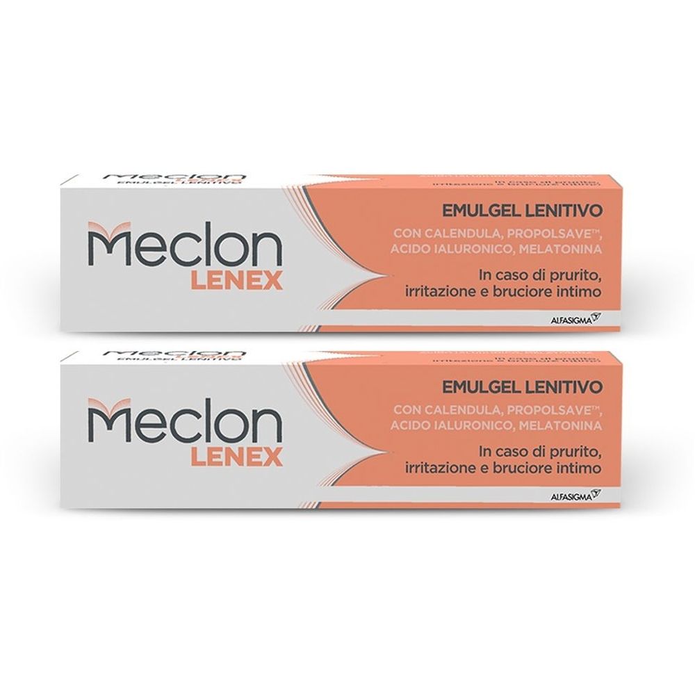 Due confezioni rettangolari di Meclon LENEX. Scritta: EMULGEL LENITIVO, ingredienti, istruzioni per l'uso. Marchio e nome del prodotto ben visibili.