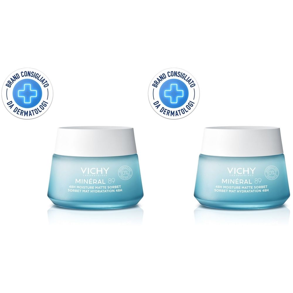 Due vasetti blu con coperchi bianchi. Scritta: VICHY MINERAL 89. Sopra: logo "Brand Consigliato da Dermatologi".