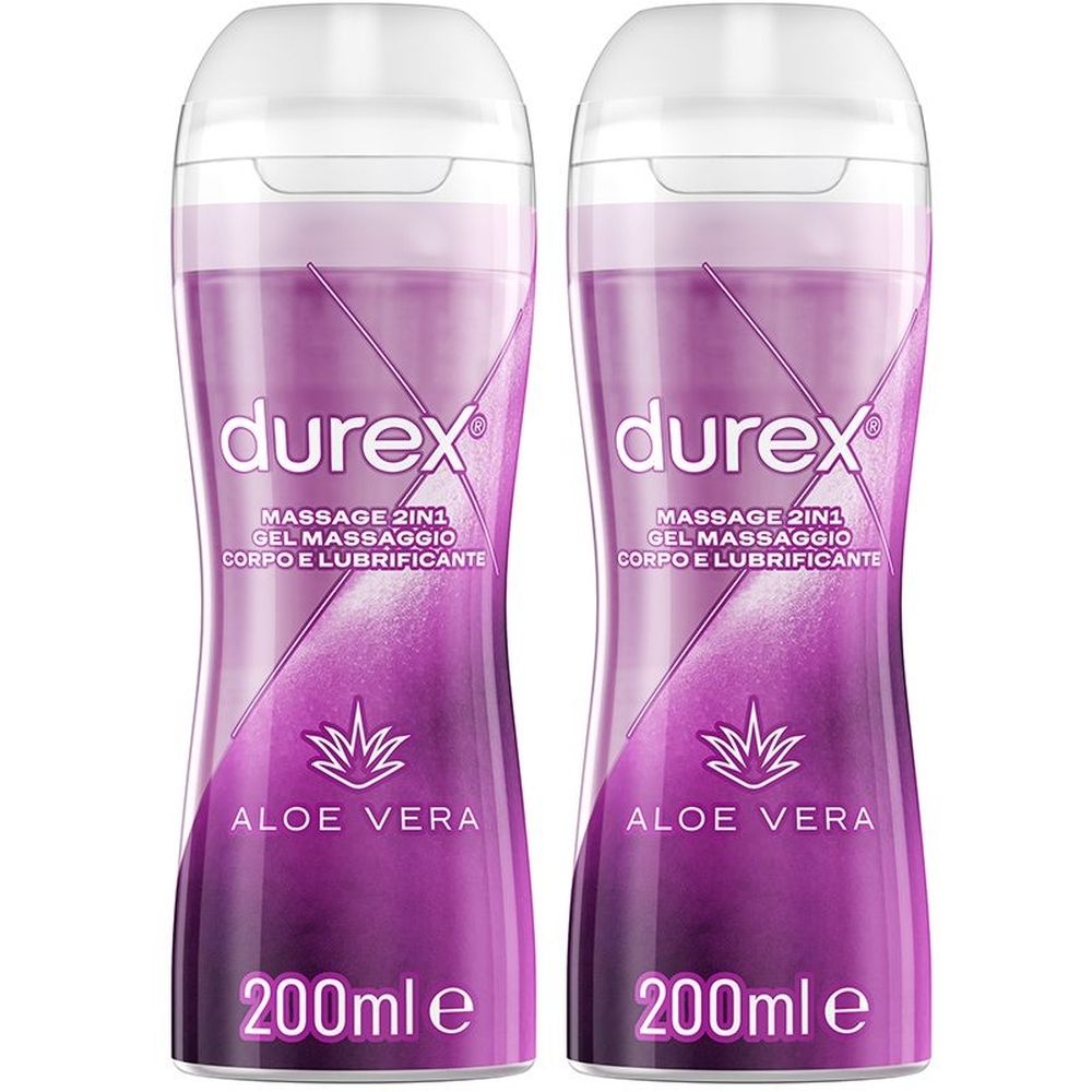 Due flaconi di gel Durex Massage 2in1, Aloe Vera. Liquido viola in bottiglie trasparenti con tappo bianco. Testo: Durex, Aloe Vera, 200ml.