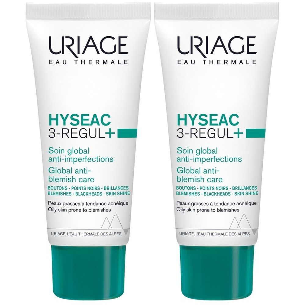 Due tubi bianchi con dettagli verdi e testo. Scritta: URIAGE, HYSEAC 3-REGUL+, trattamento anti-imperfezioni.
