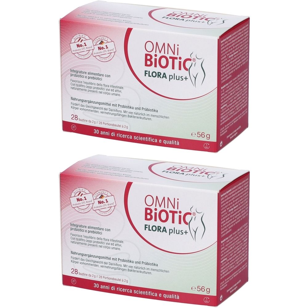 Due scatole rettangolari OMNi BiOTiC FLORA plus+. Scritta: 28 bustine, 56g. Logo e testo in italiano.