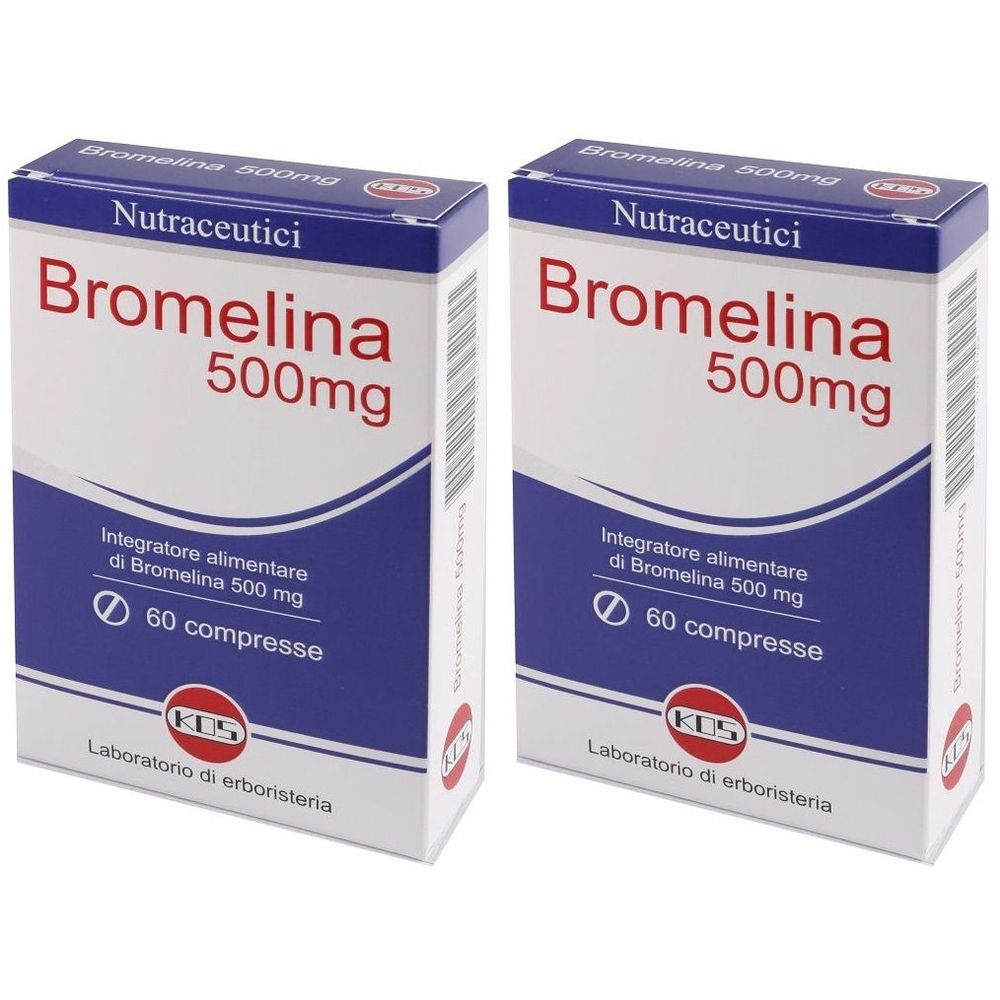 Due scatole di Bromelina 500mg. Confezione blu e bianca con nome del prodotto, dosaggio e informazioni. 60 compresse.