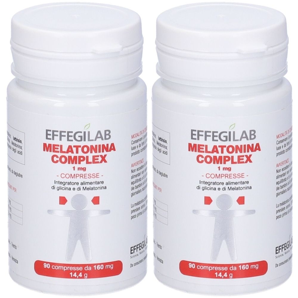Due flaconi bianchi con etichetta rossa e nera. Scritta: EFFEGILAB MELATONINA COMPLEX. Contiene 90 compresse.