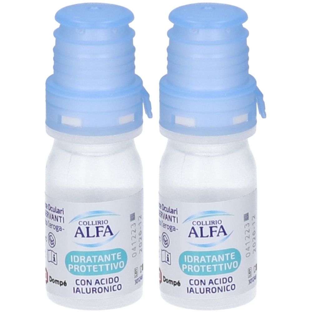 Due flaconi con tappi blu. Scritta: Collirio Alfa, Idratante Protettivo, con acido ialuronico. Dompé.