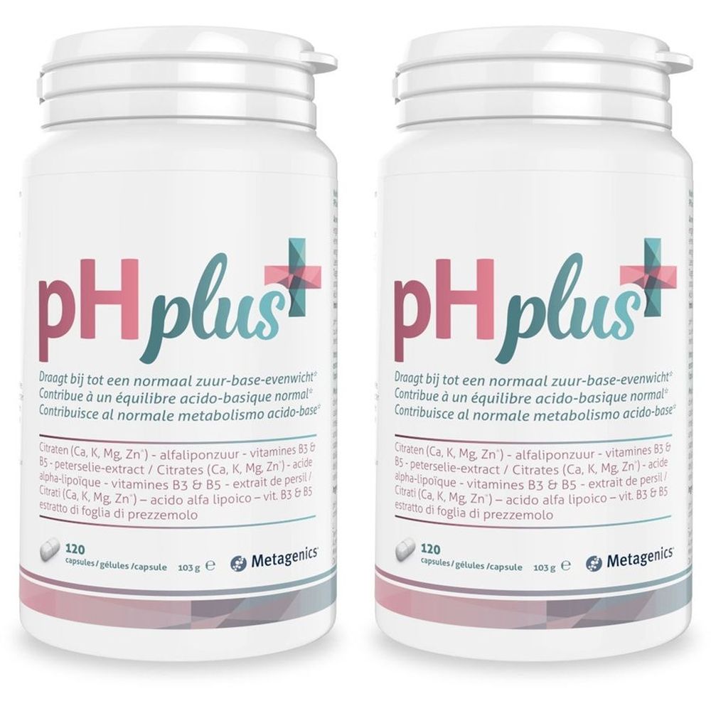 Due flaconi bianchi con pH plus. Testo in tedesco, francese e italiano. 120 capsule, 180g. Marchio: Metagenics.