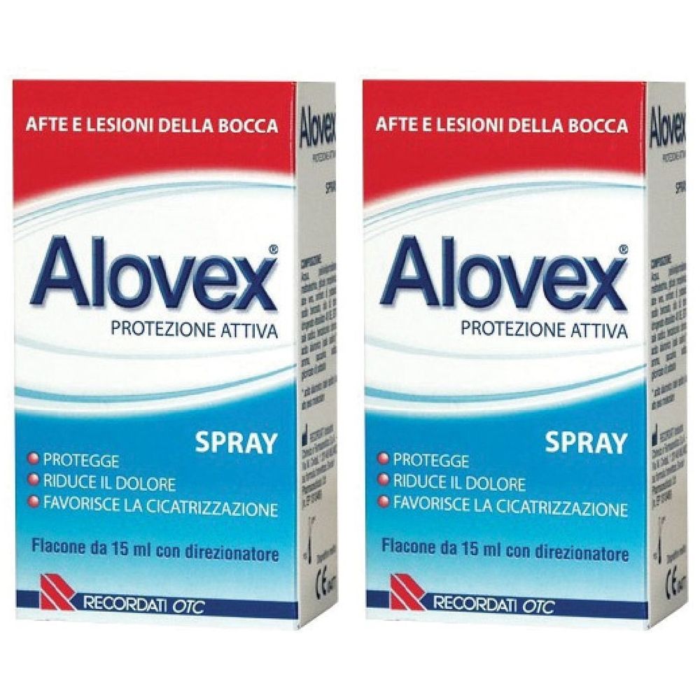 Due confezioni di spray Alovex. Scritta: Protegge, riduce il dolore, favorisce la cicatrizzazione. Flacone da 15 ml con direzionatore.