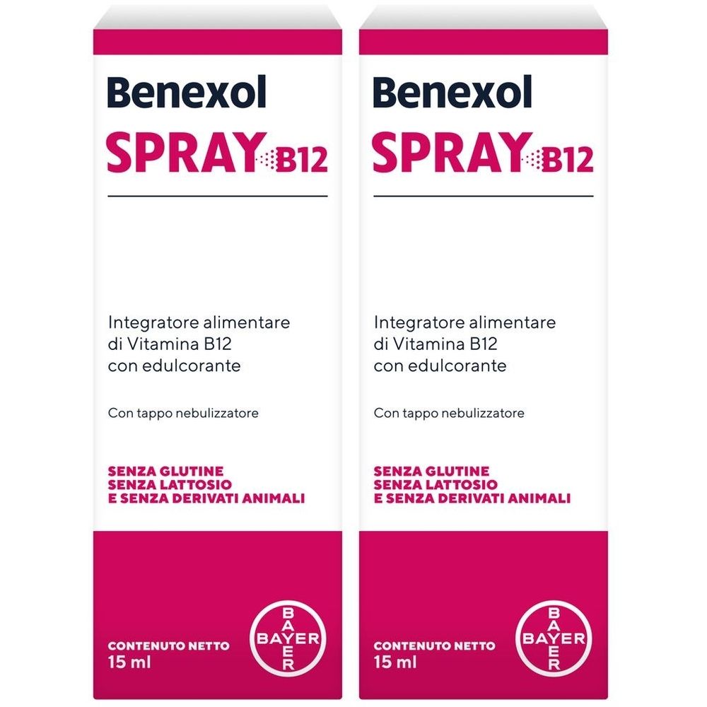 Due confezioni di Benexol Spray B12. Scatole bianche con dettagli rosa. Testo: Integratore alimentare, senza glutine, lattosio e derivati animali.