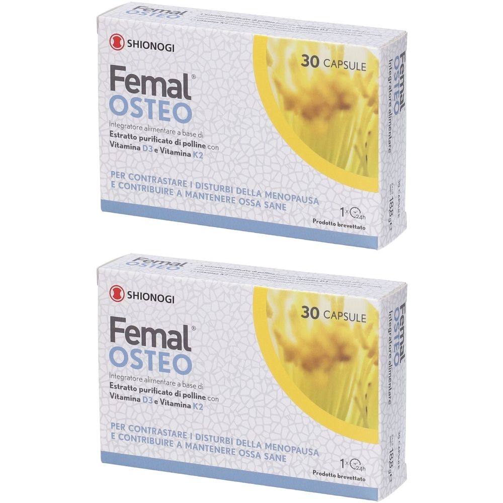Due scatole di Femal Osteo. Scritta: 30 capsule. Contiene vitamina D3 e K2. Per la salute delle ossa e i disturbi della menopausa.