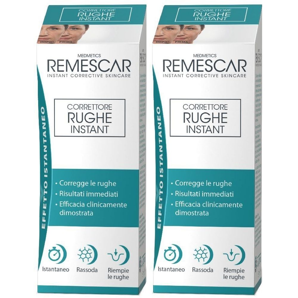 Due confezioni di correttore rughe. Bianco con dettagli turchese. Testo: REMESCAR, Correttore Rughe Instant.