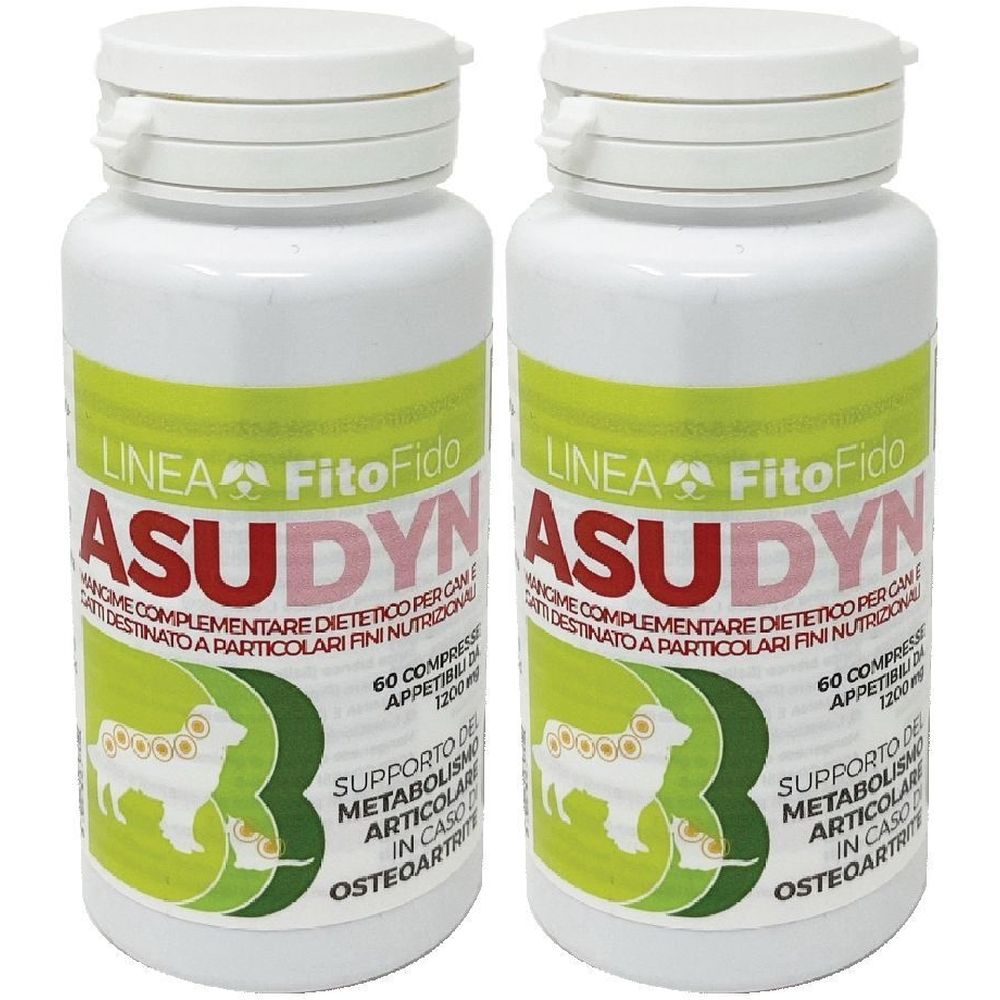 Due flaconi bianchi con tappi. Scritta: ASUDYN, FitoFido, 60 compresse. Etichetta verde e bianca con cane. Testo in italiano.