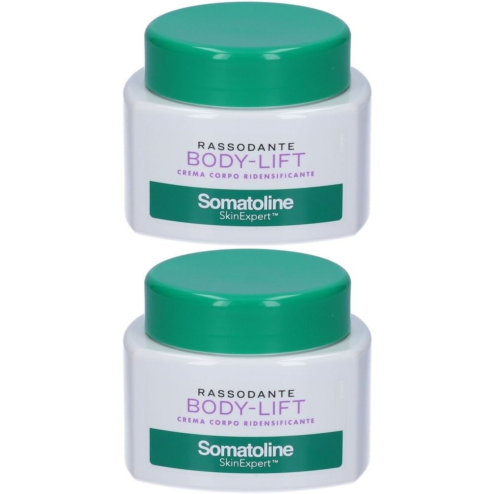 Due vasetti bianchi con coperchi verdi. Scritta: BODY-LIFT, Somatoline SkinExpert.