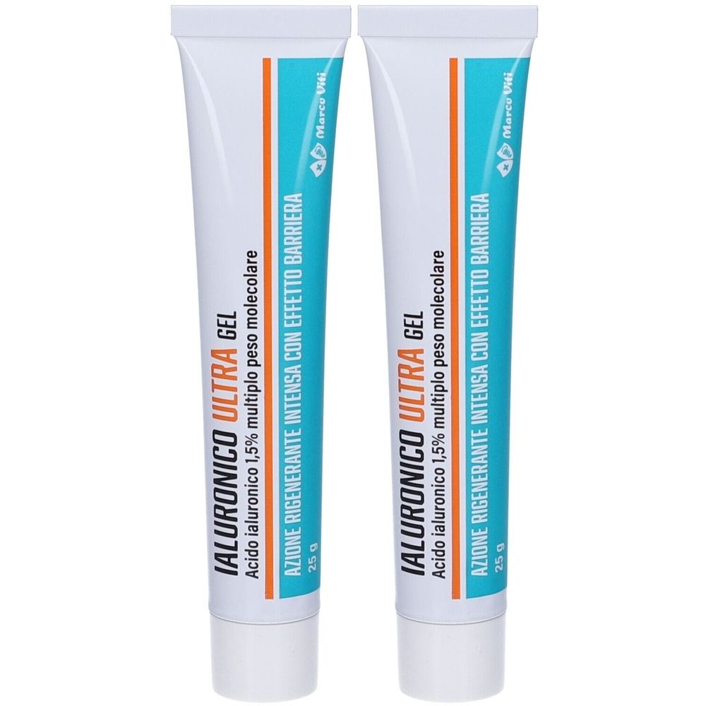 Due tubi di gel. Scritta: IALURONICO ULTRA GEL, acido ialuronico 1,5%, effetto rigenerante. Marchio Marco Viti.
