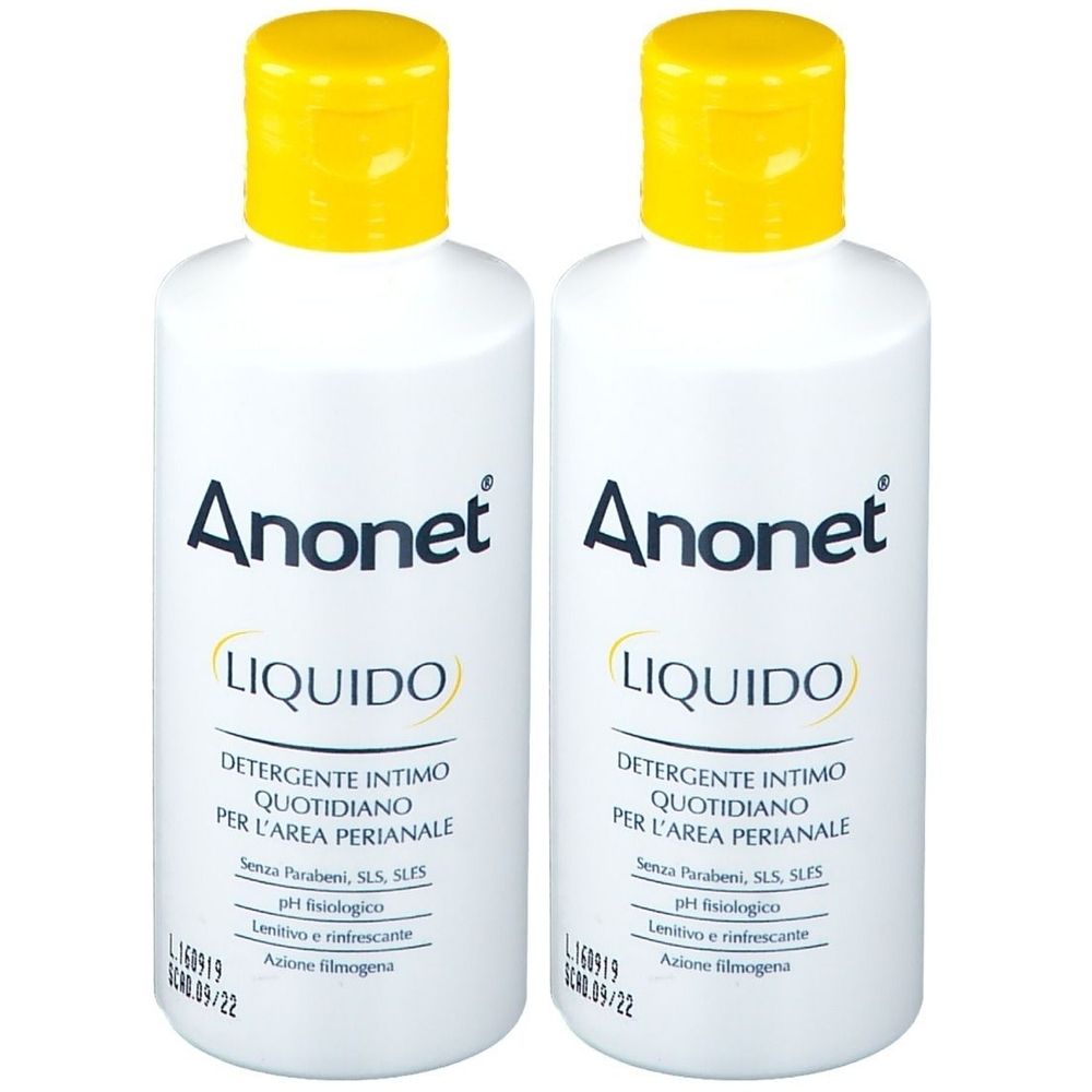 Due flaconi bianchi con tappi gialli. Scritta "Anonet Liquido". Testo in italiano.