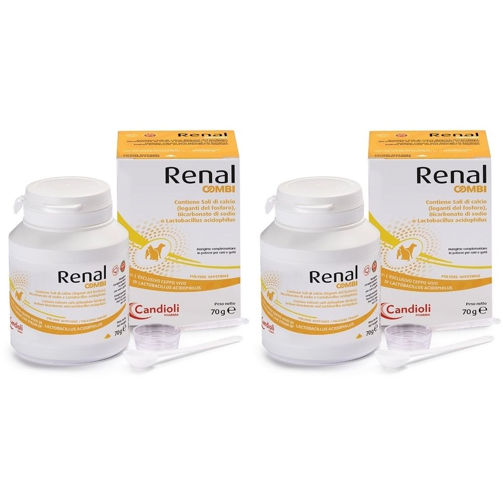 Due flaconi bianchi e due scatole con la scritta "Renal Combi". Include misurini. Marchio: Candioli.