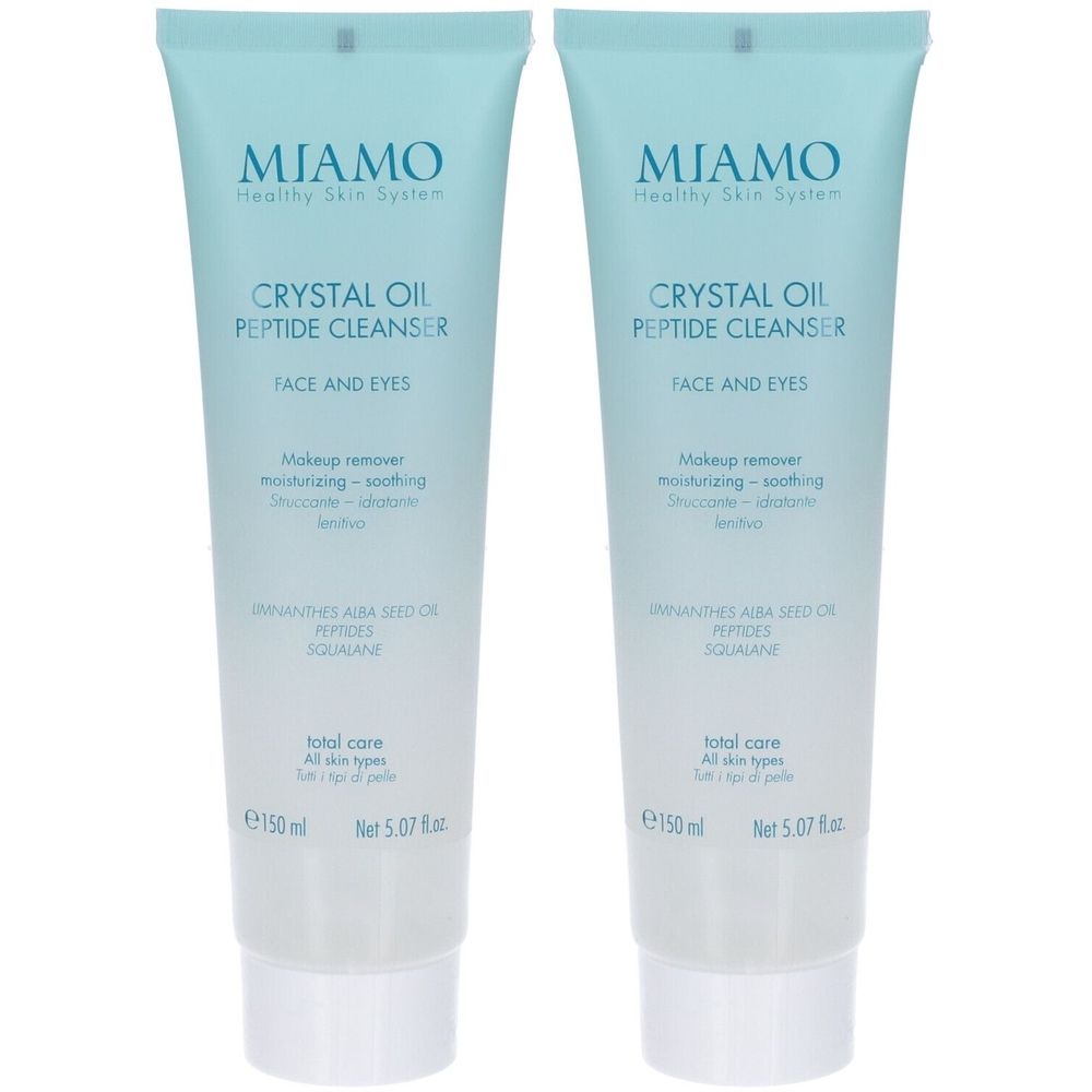 Due tubi di Miamo Crystal Oil Peptide Cleanser. Confezione azzurra con testo bianco. Contiene 150 ml.