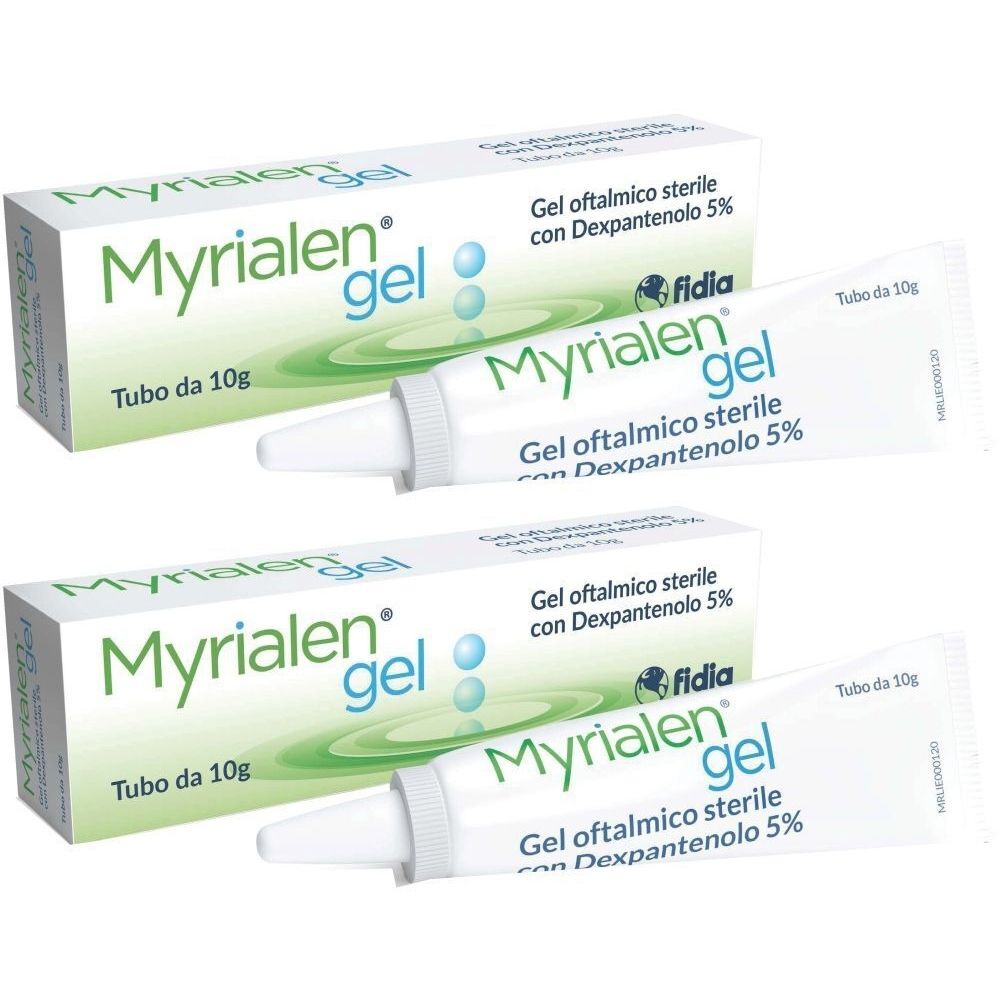 Due tubi e due scatole. Scritto: Myrialen gel, Gel oftalmico sterile con Dexpantenolo 5%. Tubo da 10g.