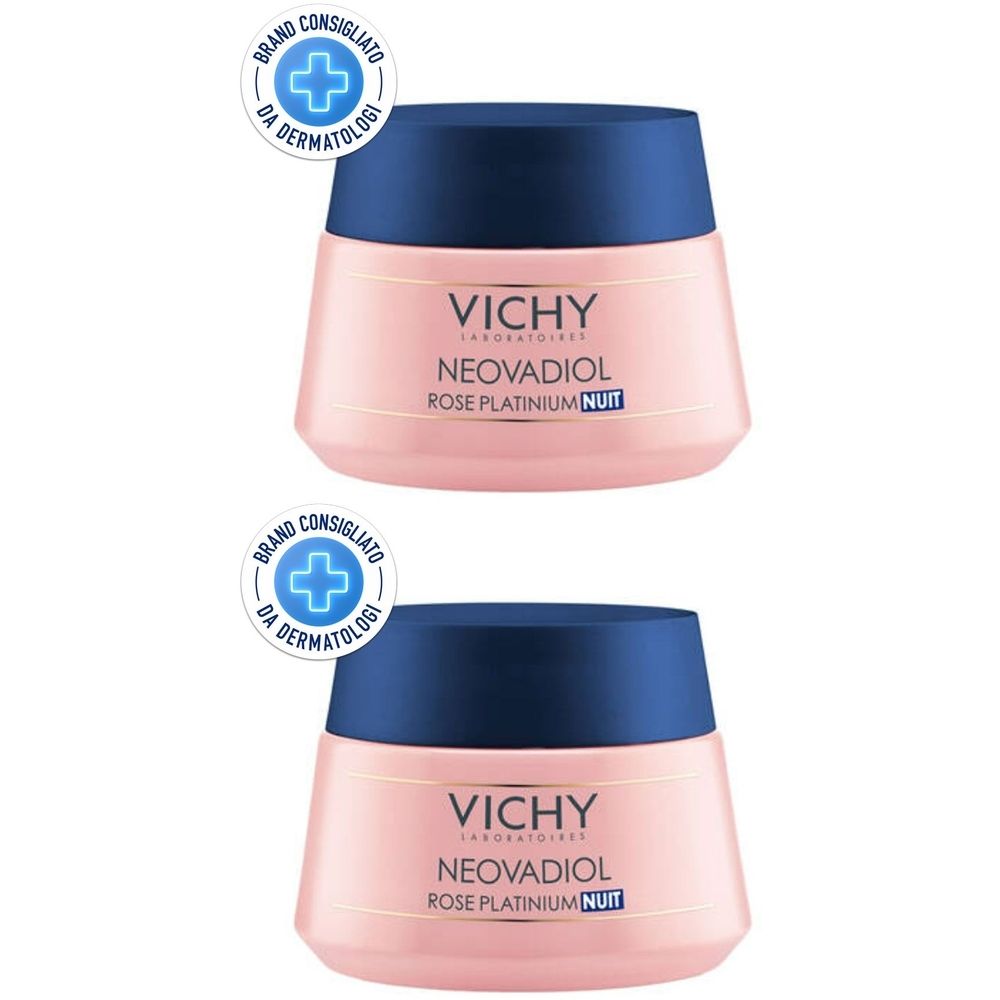 Due vasetti rosa con coperchi blu. Scritta: VICHY NEOVADIOL ROSE PLATINIUM NUIT. Con logo "Brand Consigliato da Dermatologi".