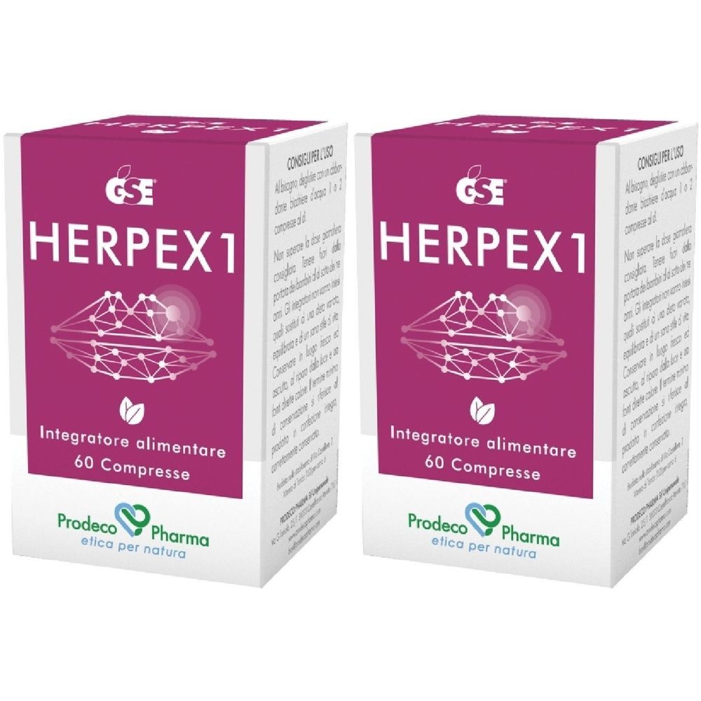 Due confezioni di HERPEX1. Scritte: HERPEX1, 60 compresse, Integratore alimentare. Marchio Prodeco Pharma.