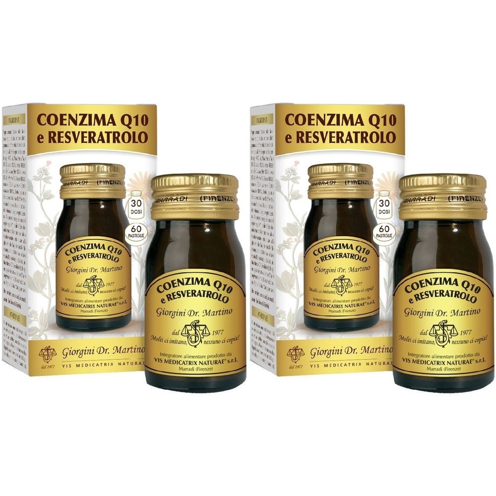 Due set di flaconi e confezioni. Scritta: Coenzima Q10 e Resveratrolo. Marchio: Giorgini Dr. Martina.