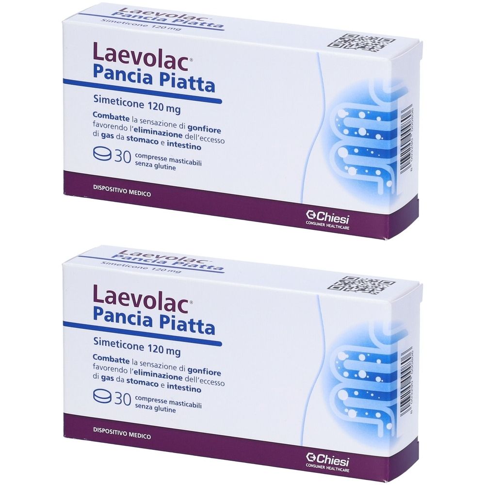 Due scatole bianche Laevolac Pancia Piatta. Testo: Simeticone 120 mg, 30 compresse. Marchio Chiesi.