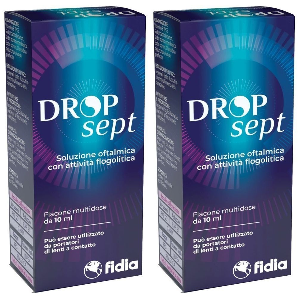 Due confezioni di gocce oculari. Scritta: DROPsept, soluzione oftalmica con attività flogolitica. Flacone multidose da 10 ml. Logo Fidia.