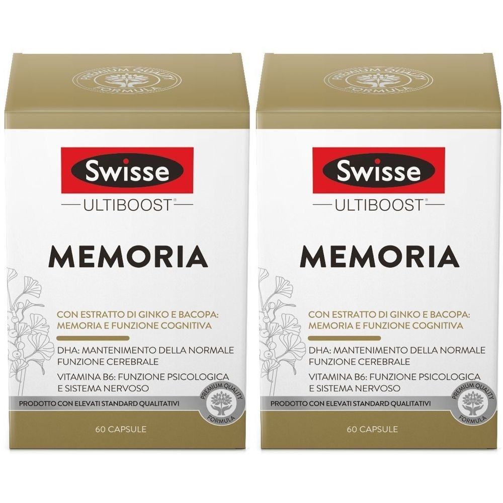 Due confezioni di Swisse Ultiboost Memoria. Scatole bianche con logo rosso e nome del prodotto. Contiene 60 capsule.