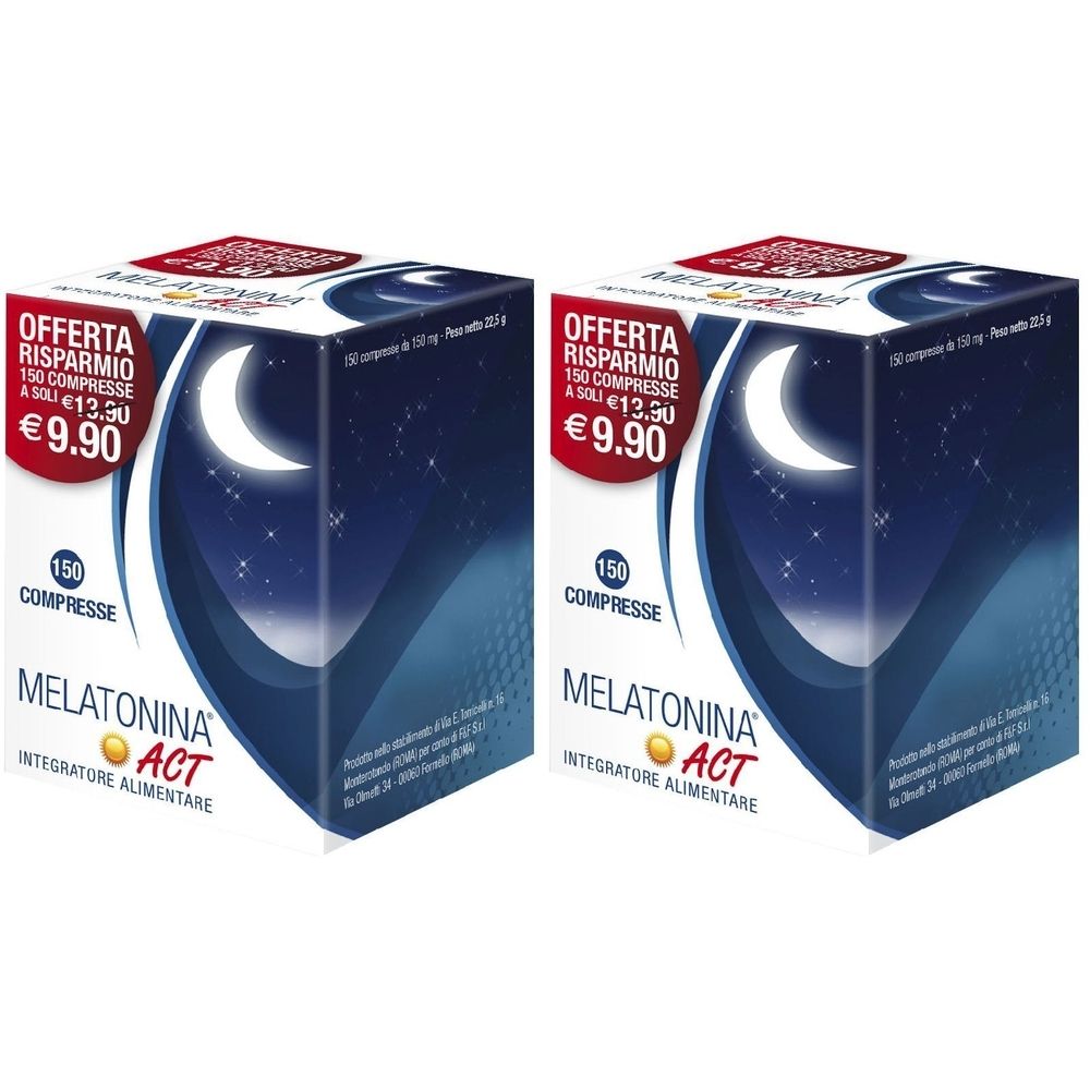 Due confezioni di Melatonina® Act. Su ogni confezione: luna, stelle, prezzo, 150 compresse e nome del prodotto.