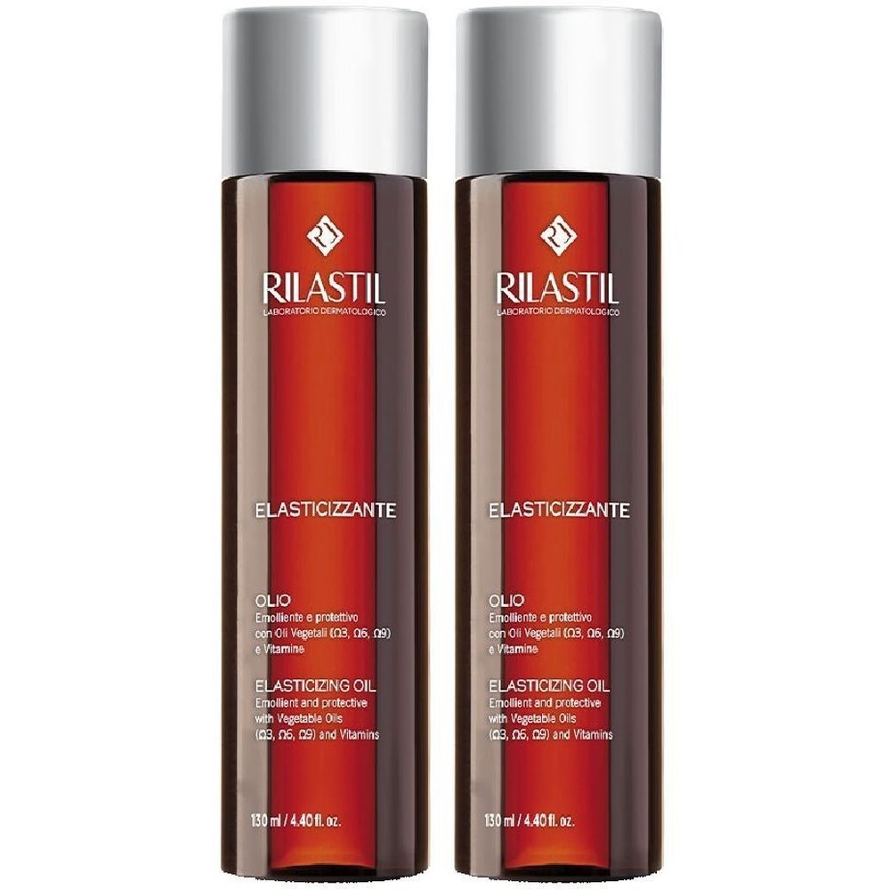 Due flaconi di olio Rilastil Elasticizzante. Flaconi marroni con tappi argentati. Testo: Elasticizzante, Olio, Elasticizing Oil.
