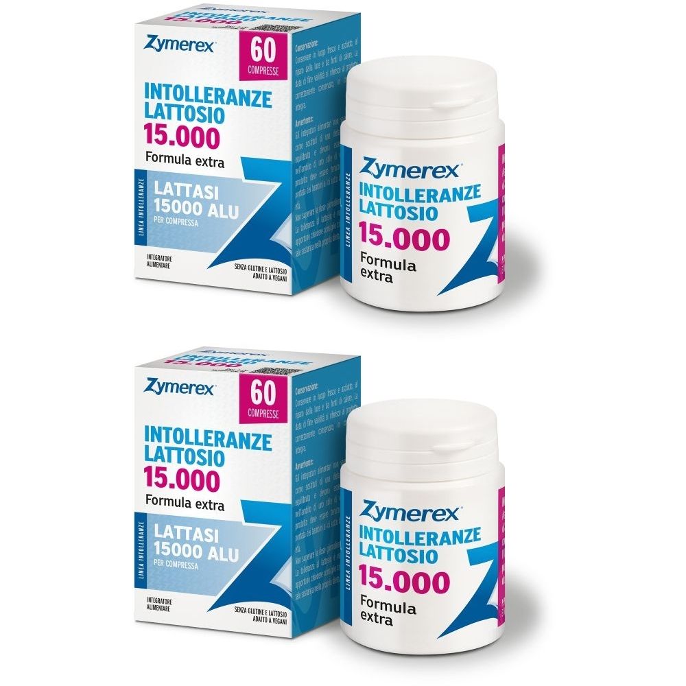 Due confezioni e flaconi di Zymerex Intolleranze Lattosio. Scritta: 60 compresse, 15.000, Formula extra.
