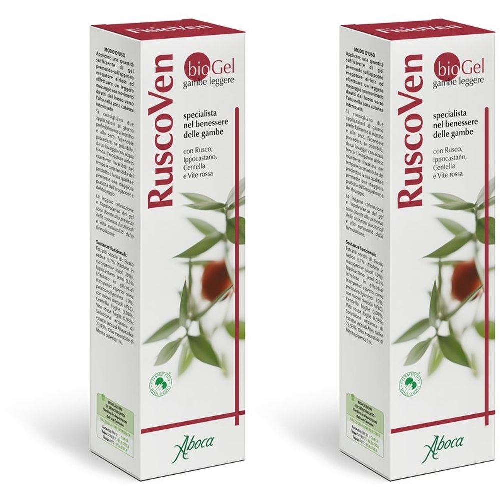 Due confezioni rettangolari con nome RuscoVen e logo Aboca. Testo in italiano.