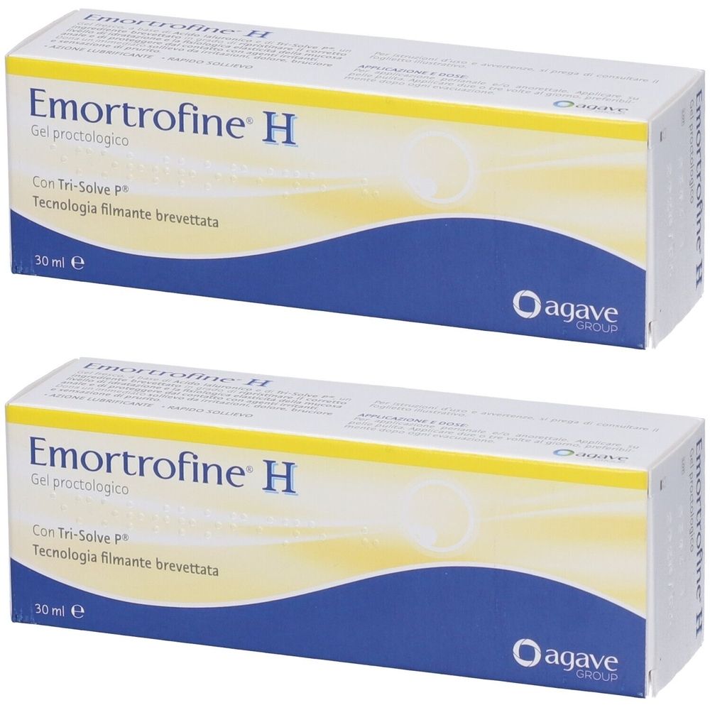 Due confezioni di "Emortrofine H Gel proctologico". Confezione blu e gialla con testo e logo.