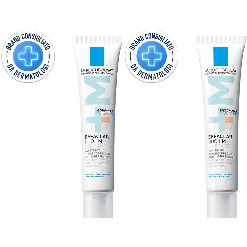 Due tubi bianchi con logo blu e testo. "EFFACLAR DUO+M UNIFIANT" su ogni tubo. Due loghi rotondi con testo.