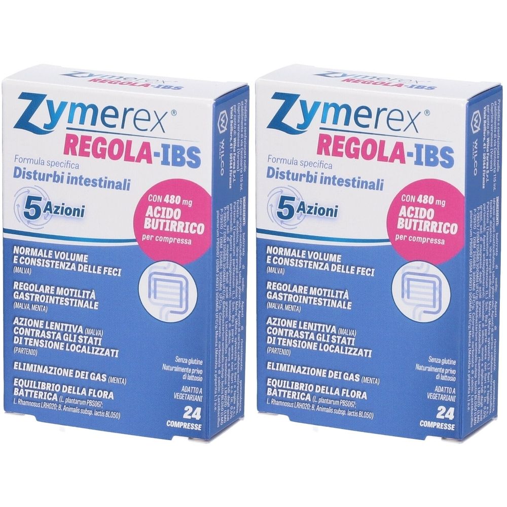Due scatole di Zymerex REGOLA-IBS. Confezione blu e bianca con informazioni sul prodotto e 24 compresse.