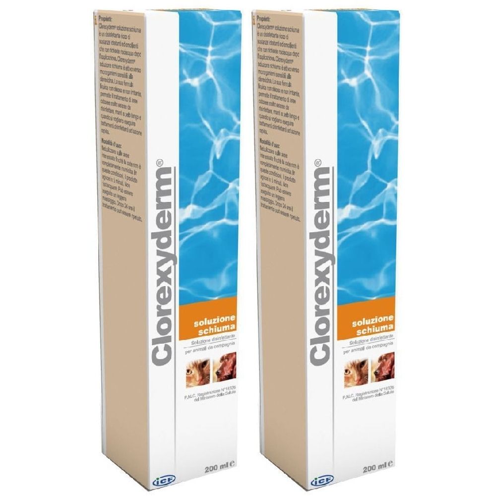 Due confezioni di Clorexyderm® Schiuma. Confezione beige con design acqua blu. Testo: Clorexyderm®, soluzione schiuma. 200 ml.