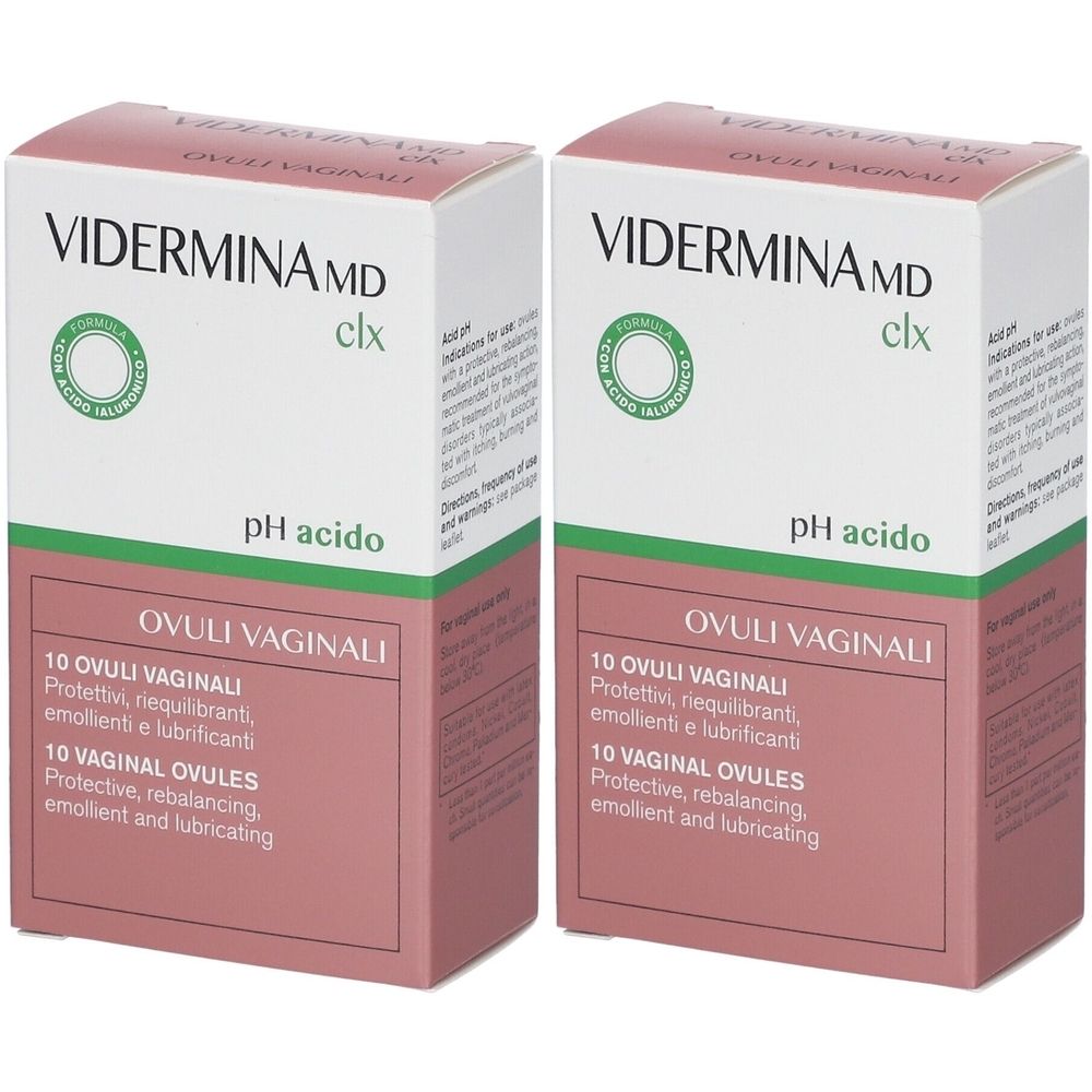 Due confezioni di Vidermina MD clx Ovuli Vaginali. Confezione rosa e bianca con nome del prodotto e indicazione pH.