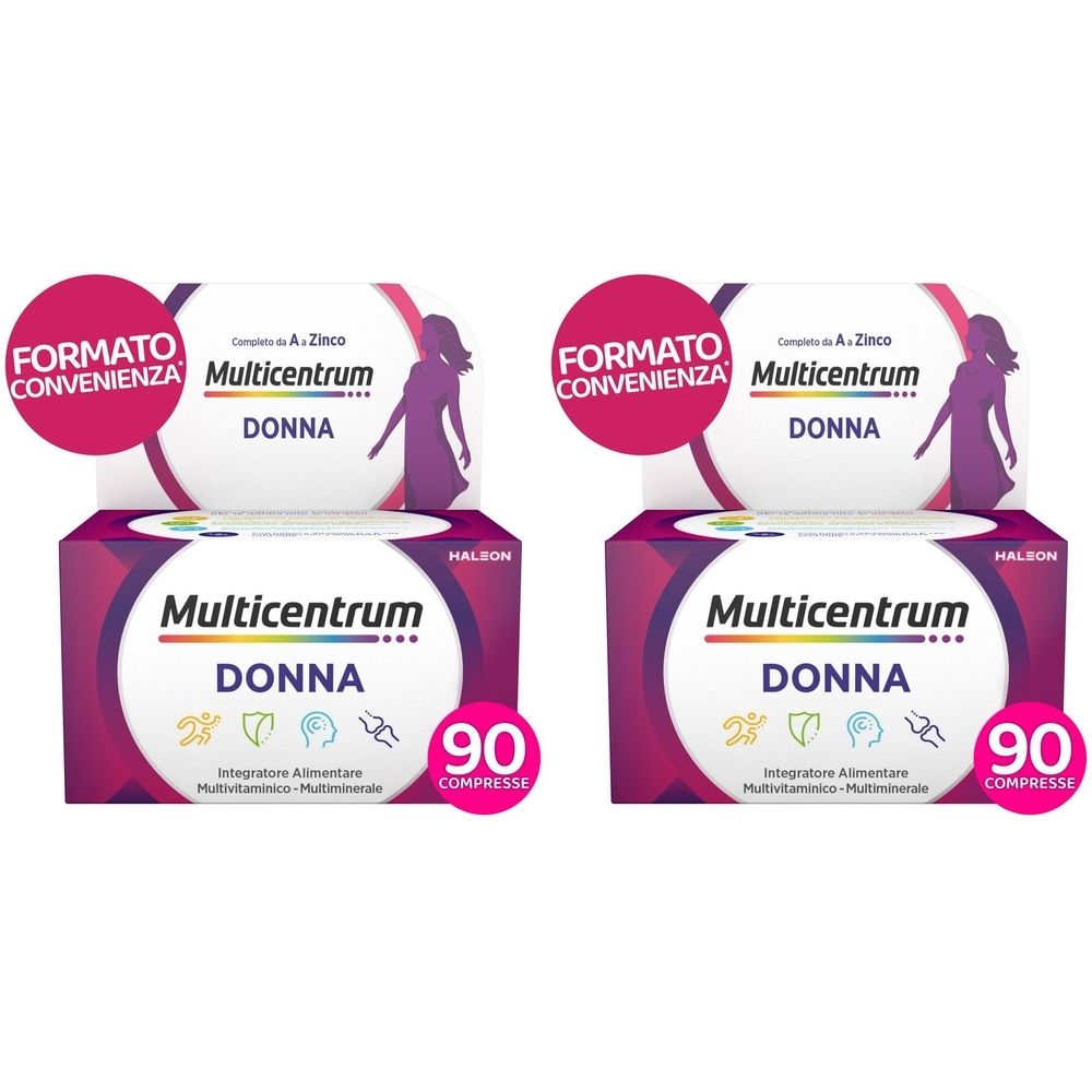 Due confezioni di Multicentrum Donna. Scritta: "Donna", "90 Compresse". Confezione rosa e viola.