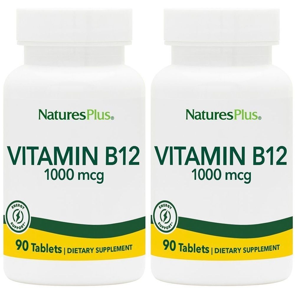 Due flaconi bianchi di vitamina B12. Scritta: Vitamina B12 1000 mcg, 90 compresse. Marchio: NaturesPlus.