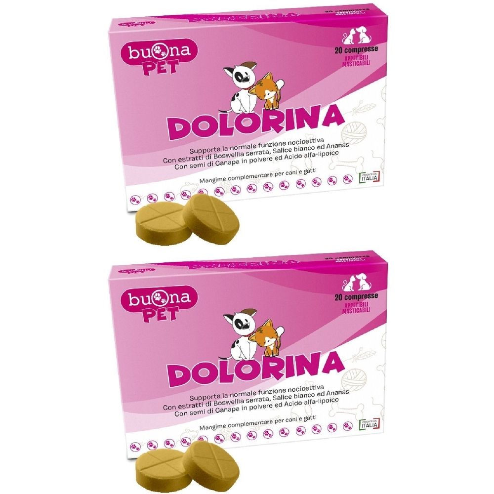 Due confezioni con scatole rosa e compresse. Scritta: DOLORINA, 20 compresse. Marchio: Buona PET. Mangime complementare per cani e gatti.