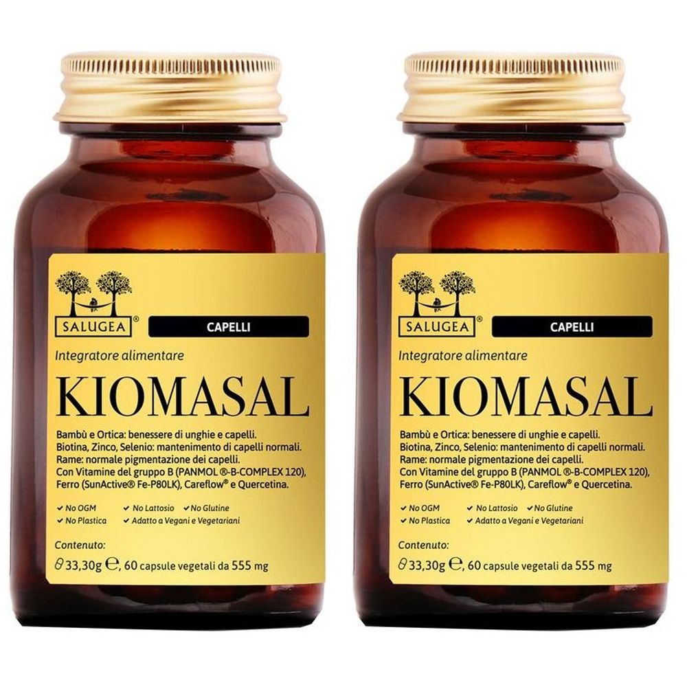 Due bottiglie di vetro marrone con tappi dorati ed etichette. Le etichette riportano "KIOMASAL" e "SALUGEA".