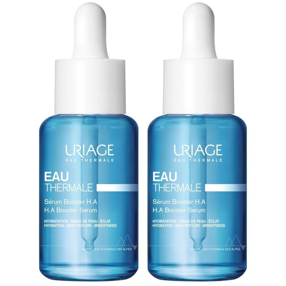 Due flaconi blu con contagocce bianchi. Ogni flacone riporta "URIAGE Eau Thermale" e "Sérum Booster H.A".