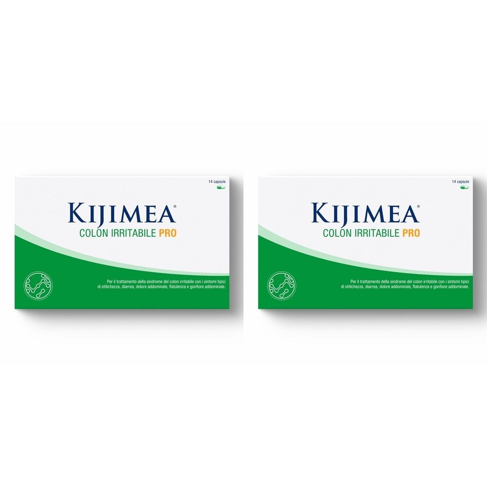 Due scatole bianche con dettagli verdi. Scritta: Kijimea Colon Irritabile PRO. Testo in italiano.